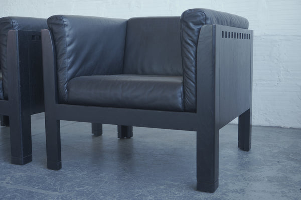 Ebonized Walnut and Leather Club Chairs