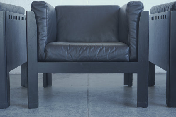 Ebonized Walnut and Leather Club Chairs