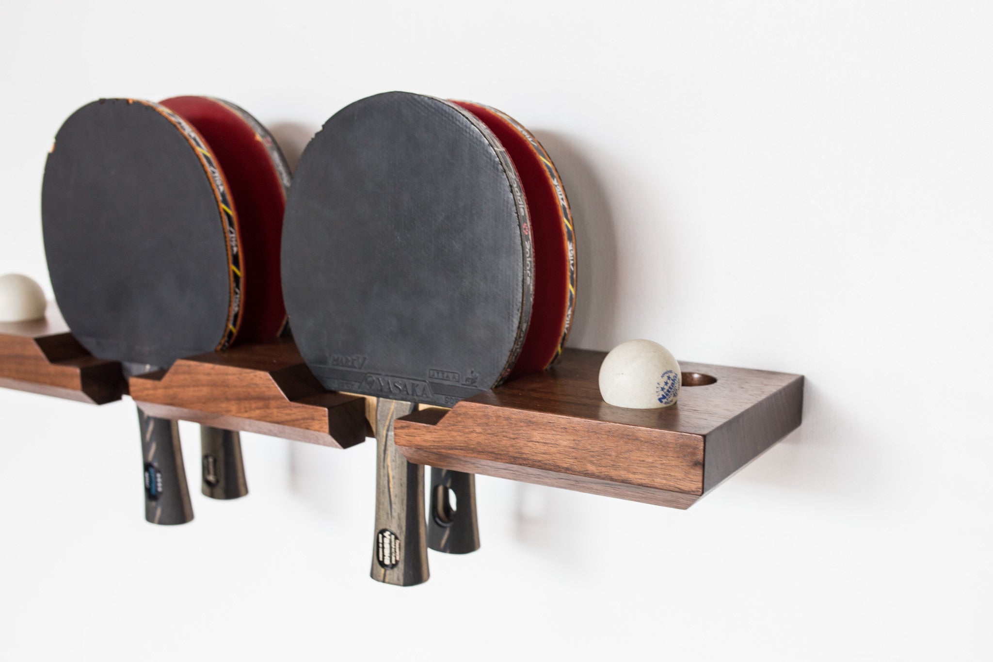 Wooden Ping Pong Paddle Wall Mount - Holds 6 Rackets & 12 Balls Storage Rack